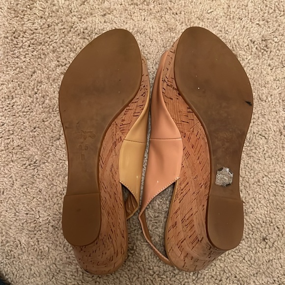 Coach Ferry Peek a Boo Tan Patent Leather Slingback Platform Cork Wedge Sandals - Picture 6 of 7